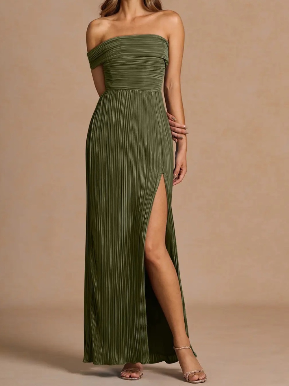 Azazie Olive Green One-Shoulder Pleated Maxi Dress